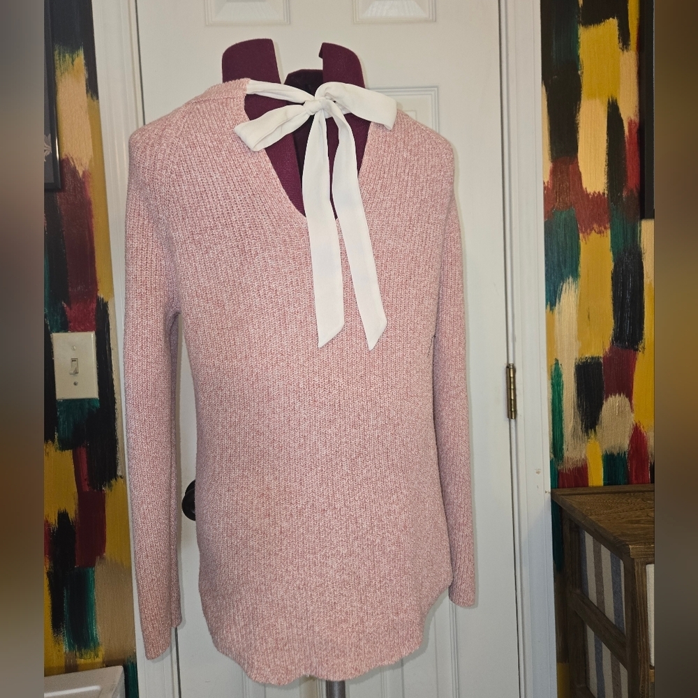 Loft Pink White Marbled Cotton Bow Back Knit Sweater Size Small - Picture 2 of 8